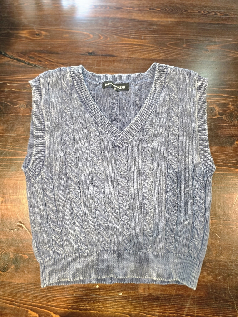 Social Scene Cable Knit Sweater Vest | Faded Indigo Blue | Size XS
